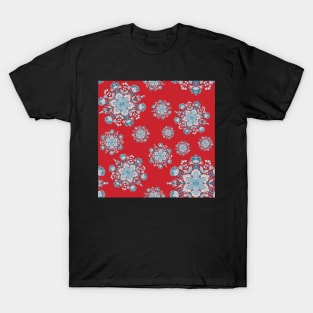 Blue, Pink and Red Mandala Snowflake Repeat Pattern T-Shirt